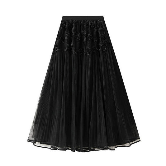 3D Floral Tulle High-Waist A-Line Maxi Skirt_CWBMS0373