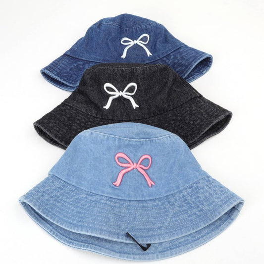 CWAH1652_Fashion Bow Embroidered Denim Wash Bucket Hat