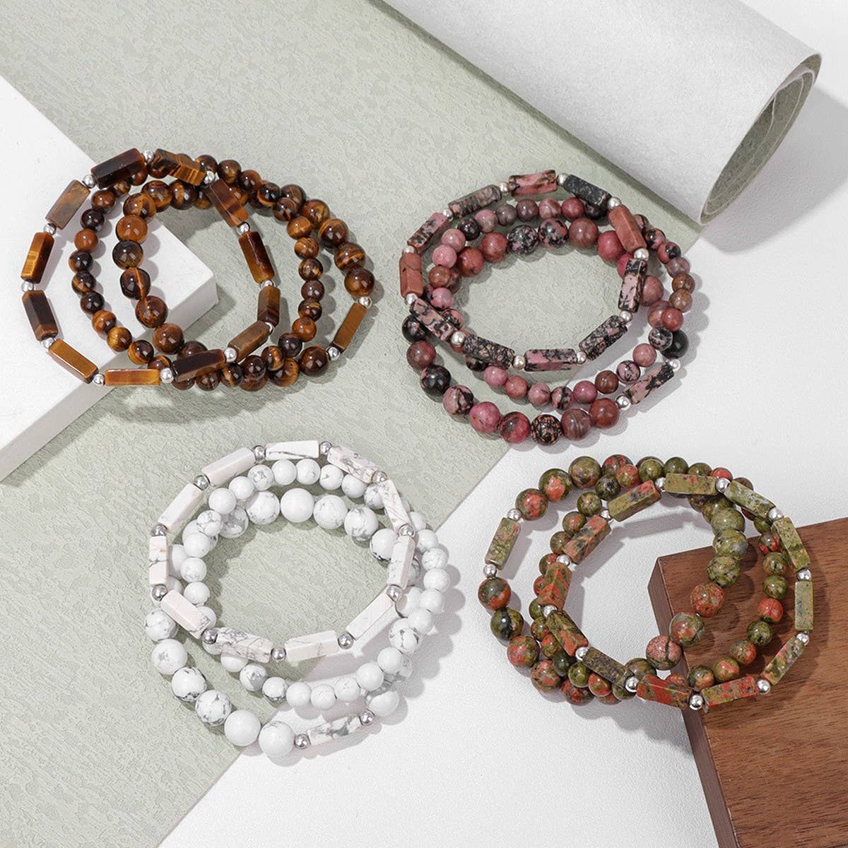 CWAJE4235_NATURAL STONE BEADS VINTAGE BRACELET SET