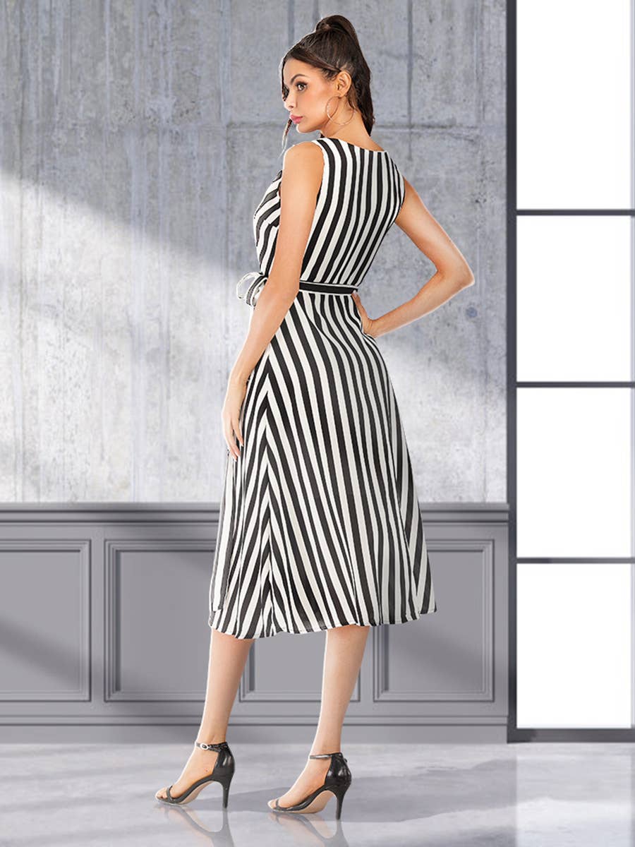 Striped sleeveless dress with lace-up V-neck