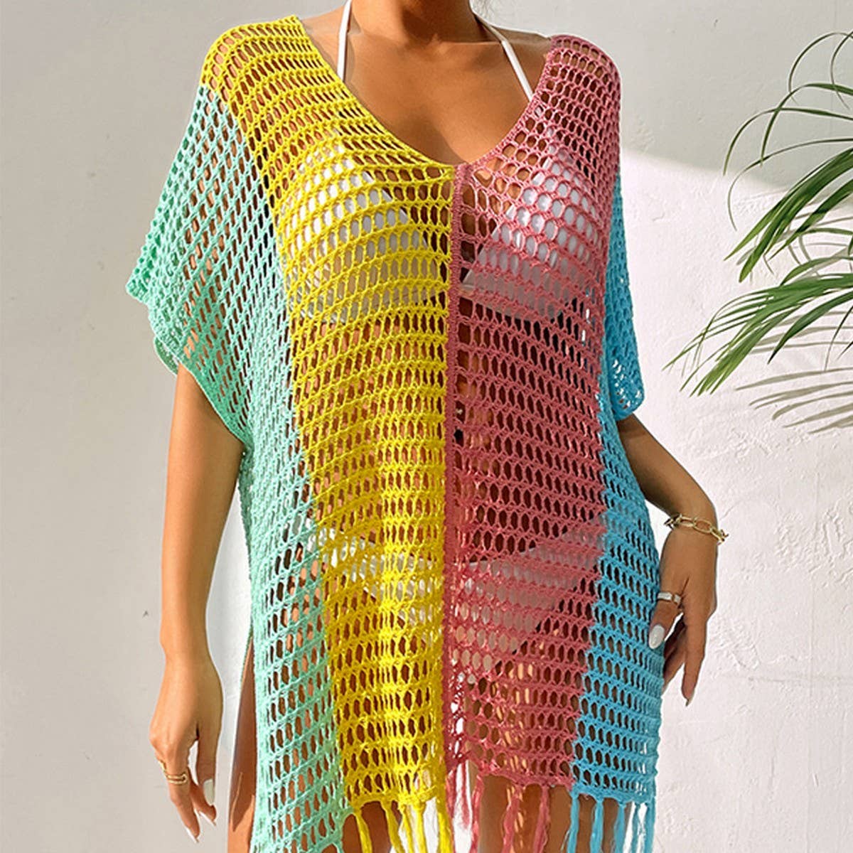 COLORFUL SEXY TASSEL HOLLOW BIKINI BEACH COVER-UP