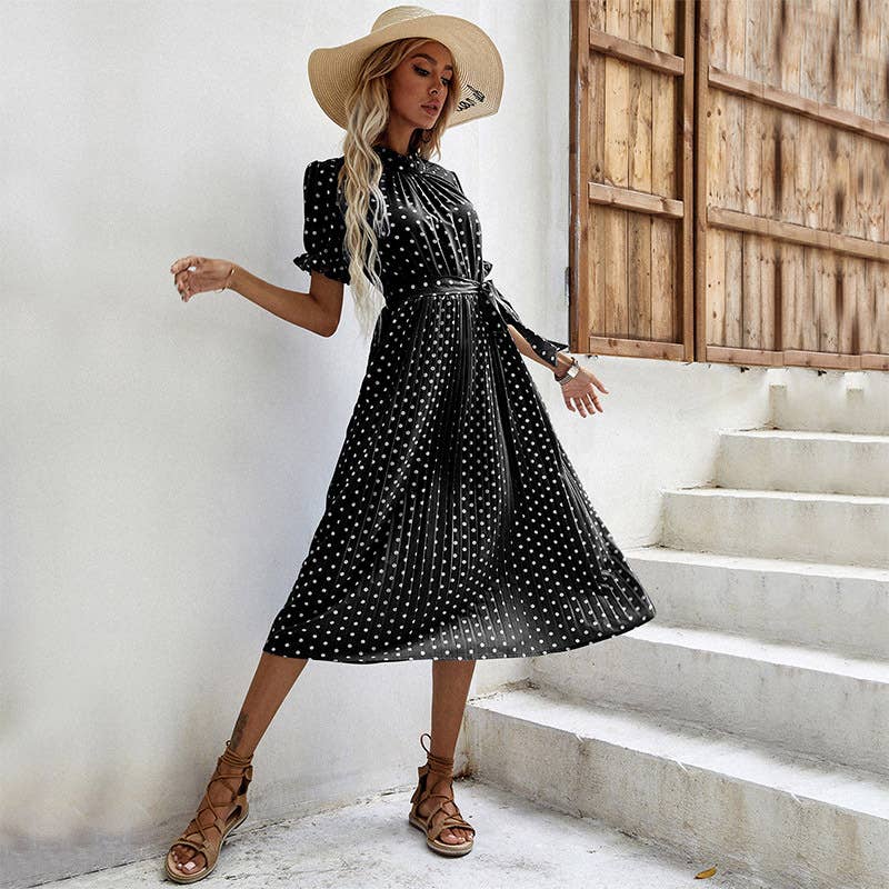 Polka dot lace-up pleated dress