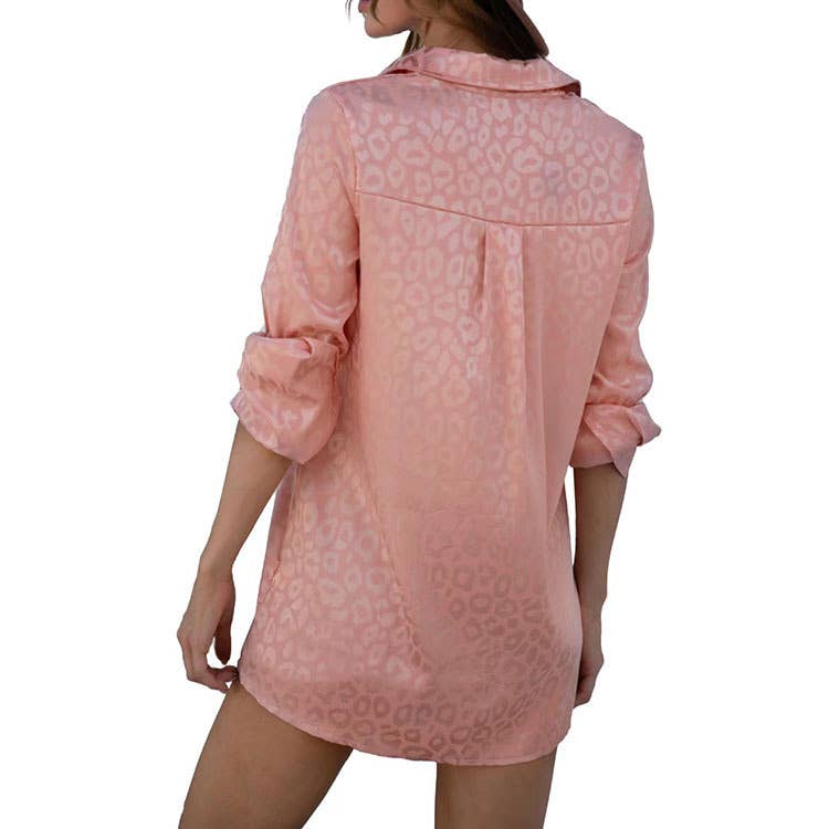 Satin long-sleeved jacquard leopard print shirt