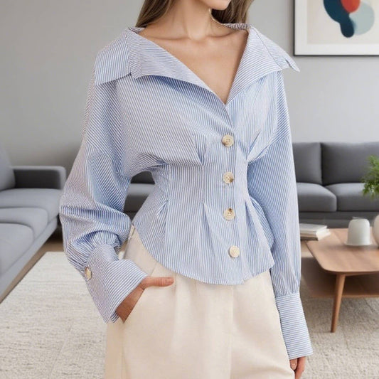 Lapel puffed sleeve pleated and cinched shirt