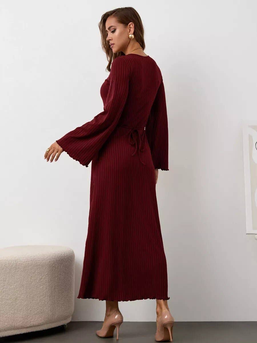 Loose U collar back strap flared sleeve dress