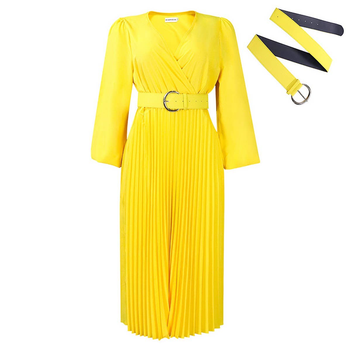 FASHION LONG SLEEVE V-NECK PLEATED MIDI DRESS_CWDMD3669