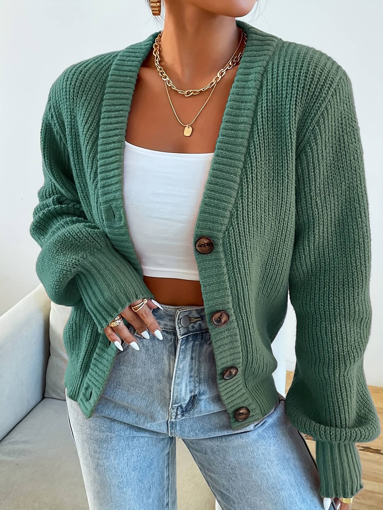 V-neck laid-back versatile knitted cardigan