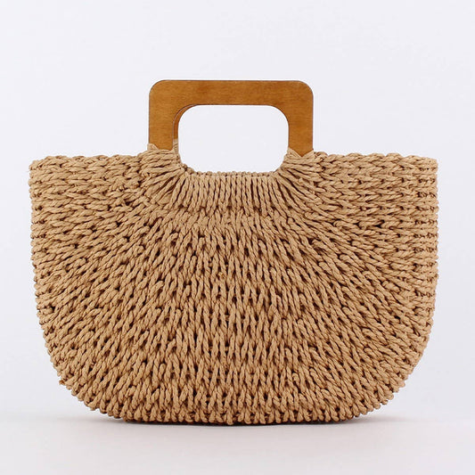 WOODEN HANDLE CASUAL SIMPLE PAPER ROPE WOVEN BAG_CWAB4709