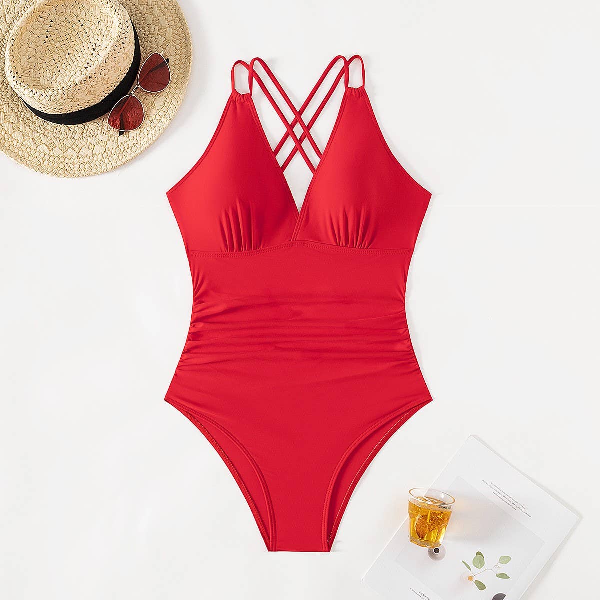 SEXY PLEATED BACK HOLLOW SLIM ONE-PIECE SWIMSUIT