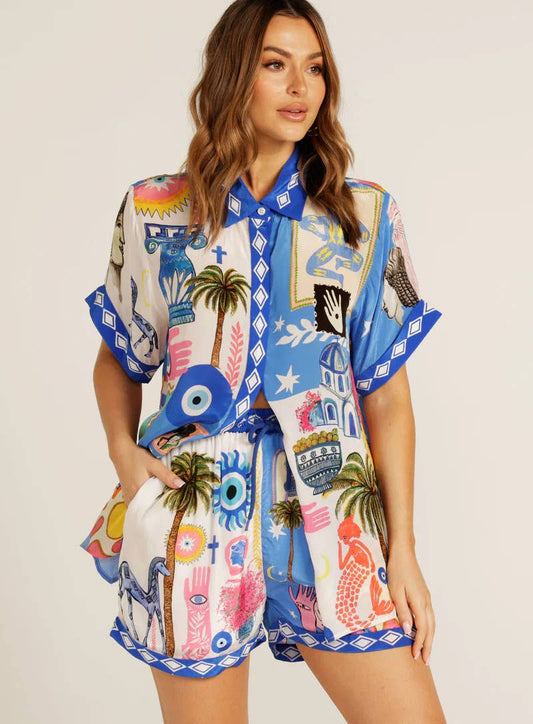 Fashion print shirt and shorts two-piece set