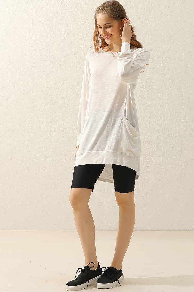 Cwttl1491_R Neck Long Sleeve Slub Long Knit Top With Pockets