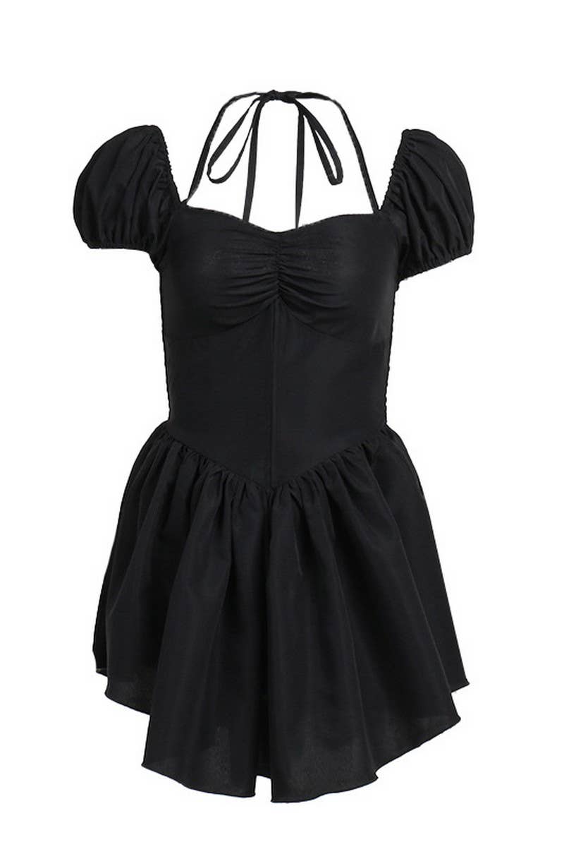 CWDSD6714_OFF-SHOULDER HALTERNECK DRESS WITH PUFF SLEEVES