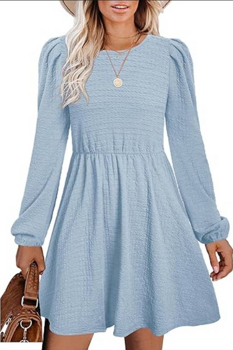 CWDSD10646_PUFF SLEEVE ROUND NECK HIGH WAIST DRESS