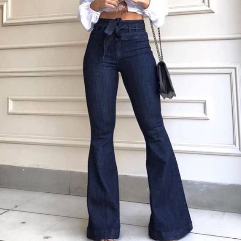 High-waisted elastic lace-up flared jeans