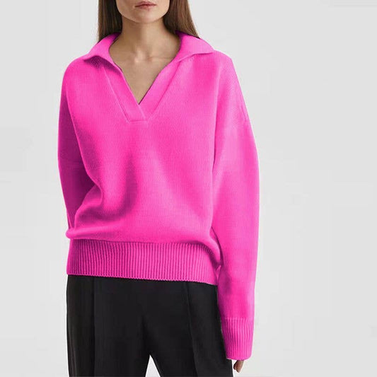 KNIT POLO COLLAR HIGH-GRADE SOLID COLOR SWEATER