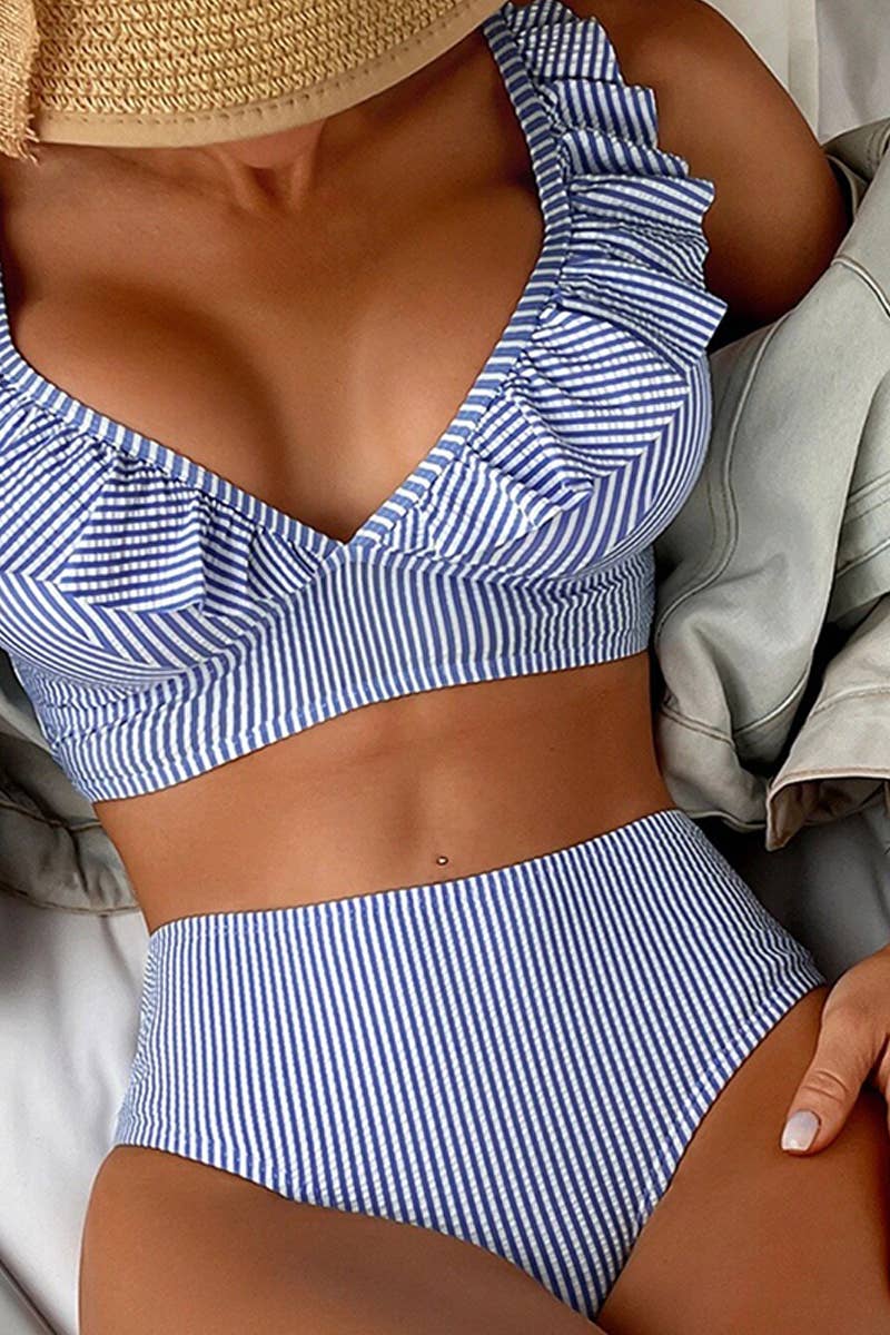 CWMW0794_STRIPED HIGH WAISTED V-NECK RUFFLED SWIMSUIT
