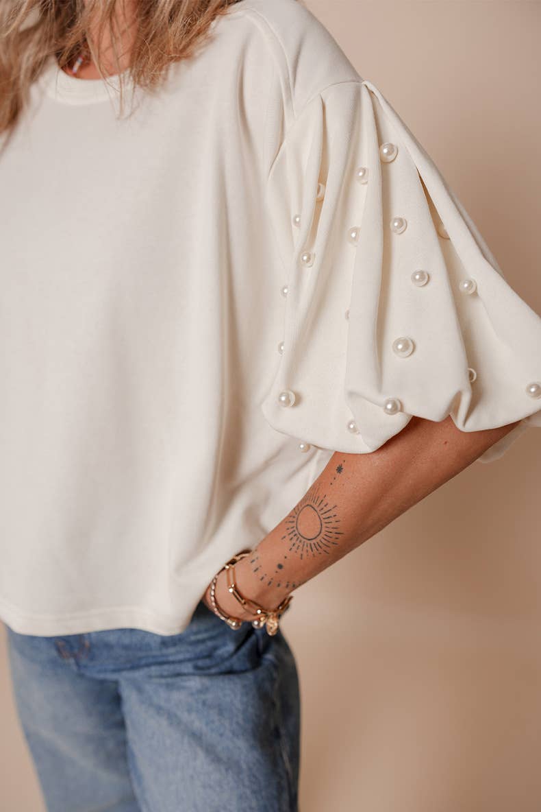 Stylish crew neck studded bubble sleeve pullover