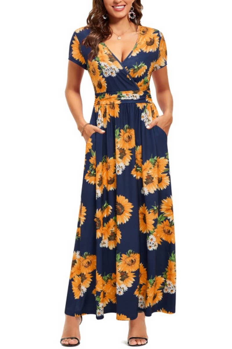 CWDMD01025_PRINTED V-NECK SHORT-SLEEVED POCKET DRESS