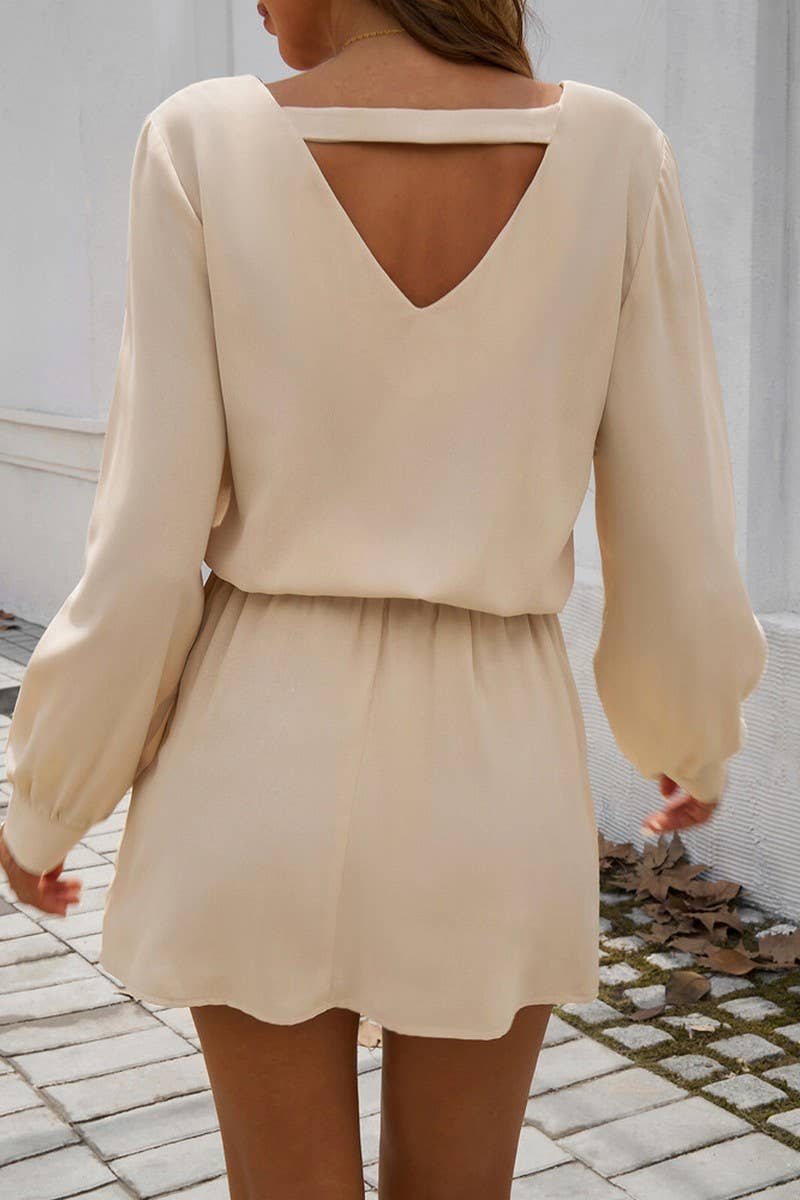 CWDSD5613_V-NECK SOLID COLOR PUFF SLEEVE DRESS