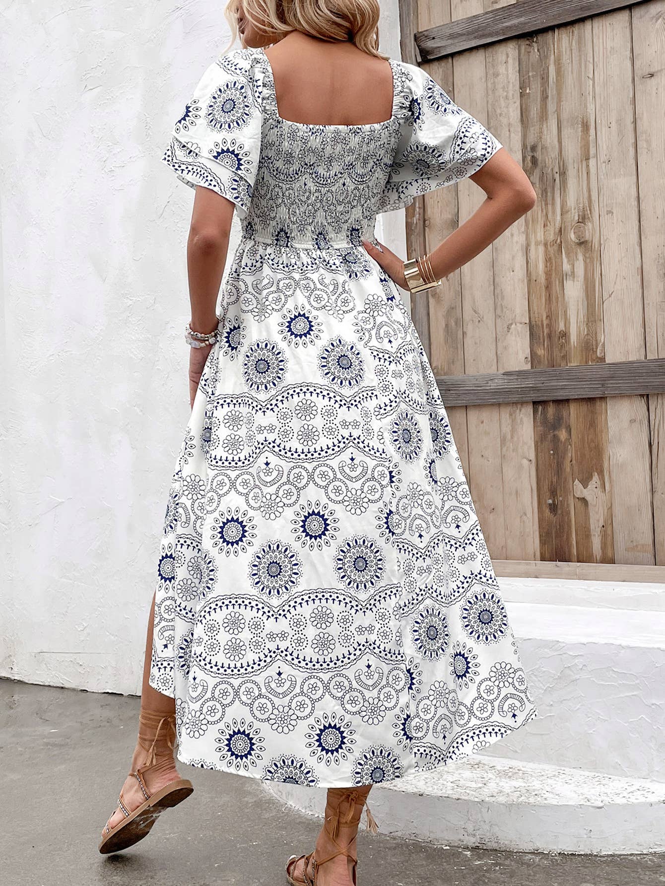 Printed square neck high-waisted split dress