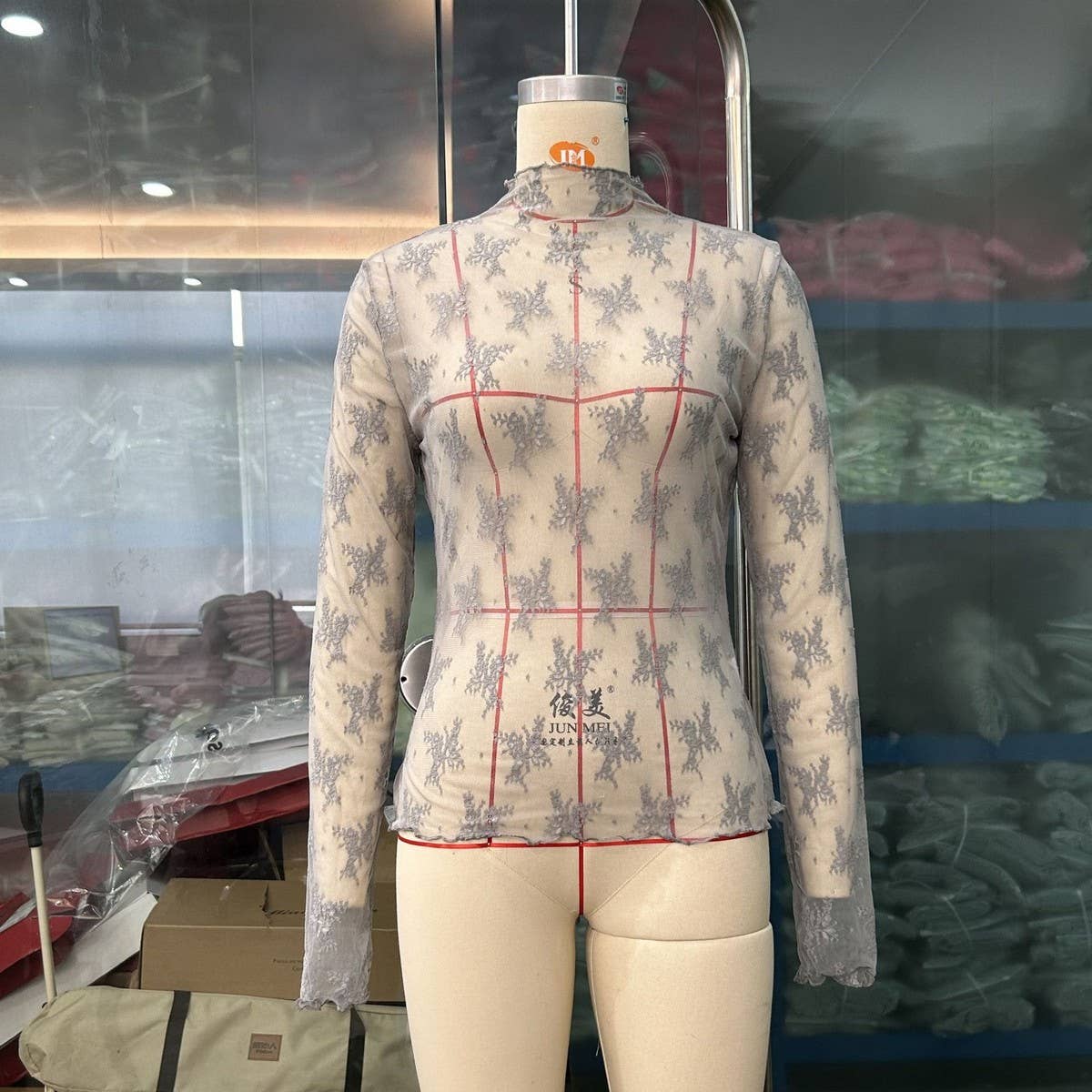 SEMI SHEER MESH LACE TOP BOTTOMING SHIRT