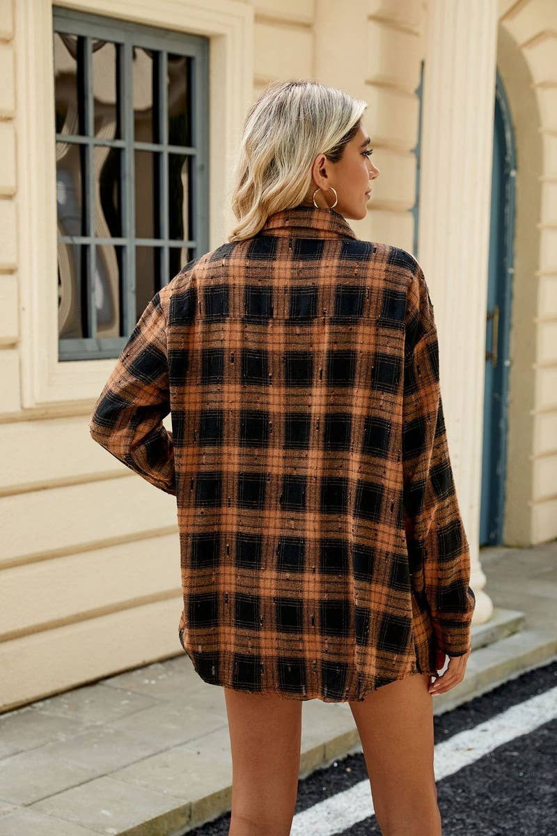 CWOBL0186_FLIP COLLAR VINTAGE CROCHET CHECKERED SHIRT