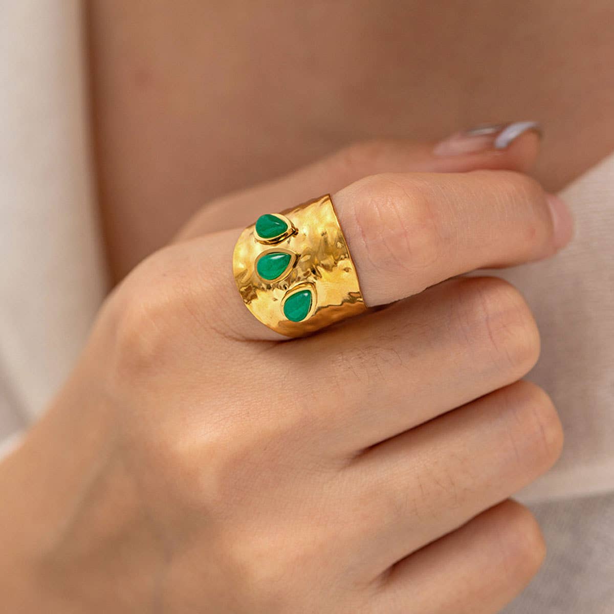 GREEN NATURAL STONE WIDE RINGS STAINLESS STEEL