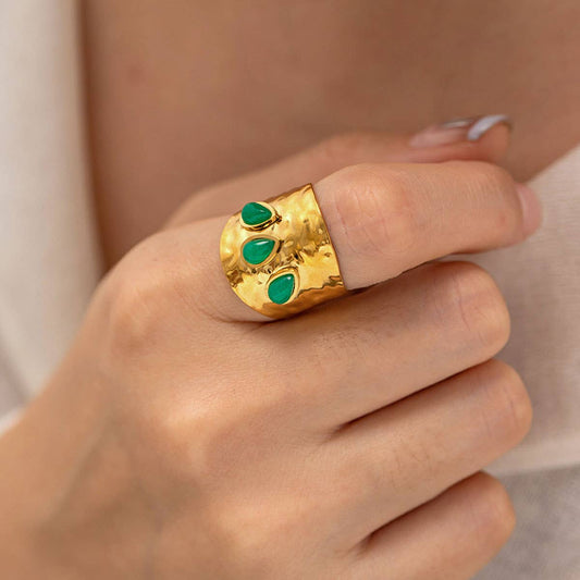 GREEN NATURAL STONE WIDE RINGS STAINLESS STEEL