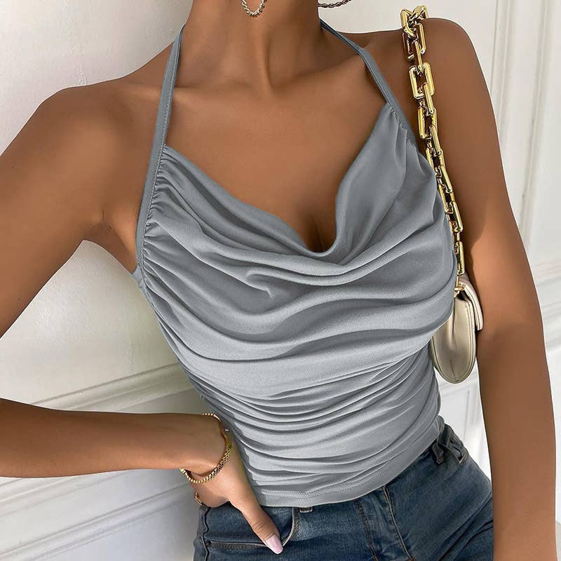 Slimming solid-color halter strap with a neckline