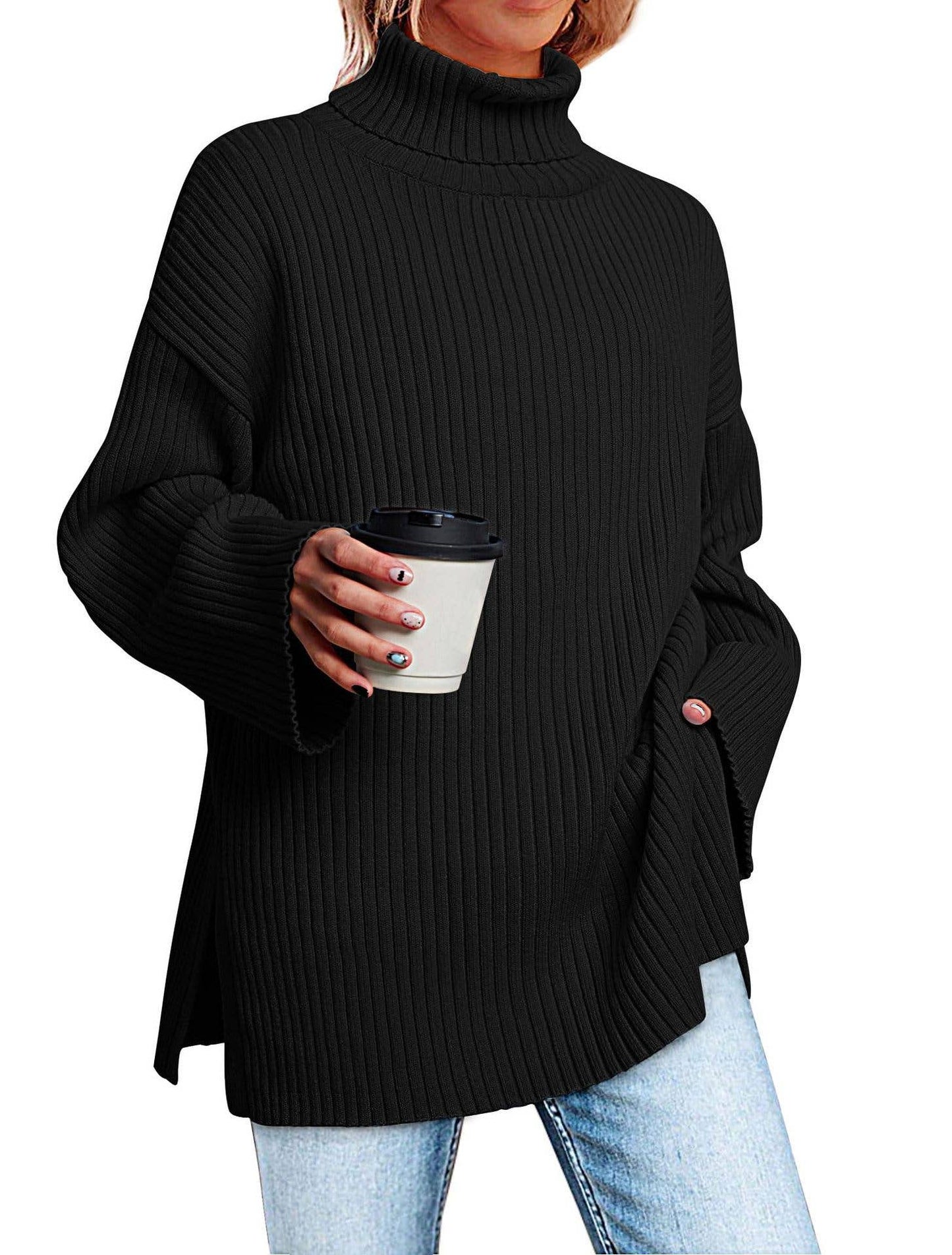 SPLIT TURTLENECK SOLID COLOR RIB KNIT SWEATER