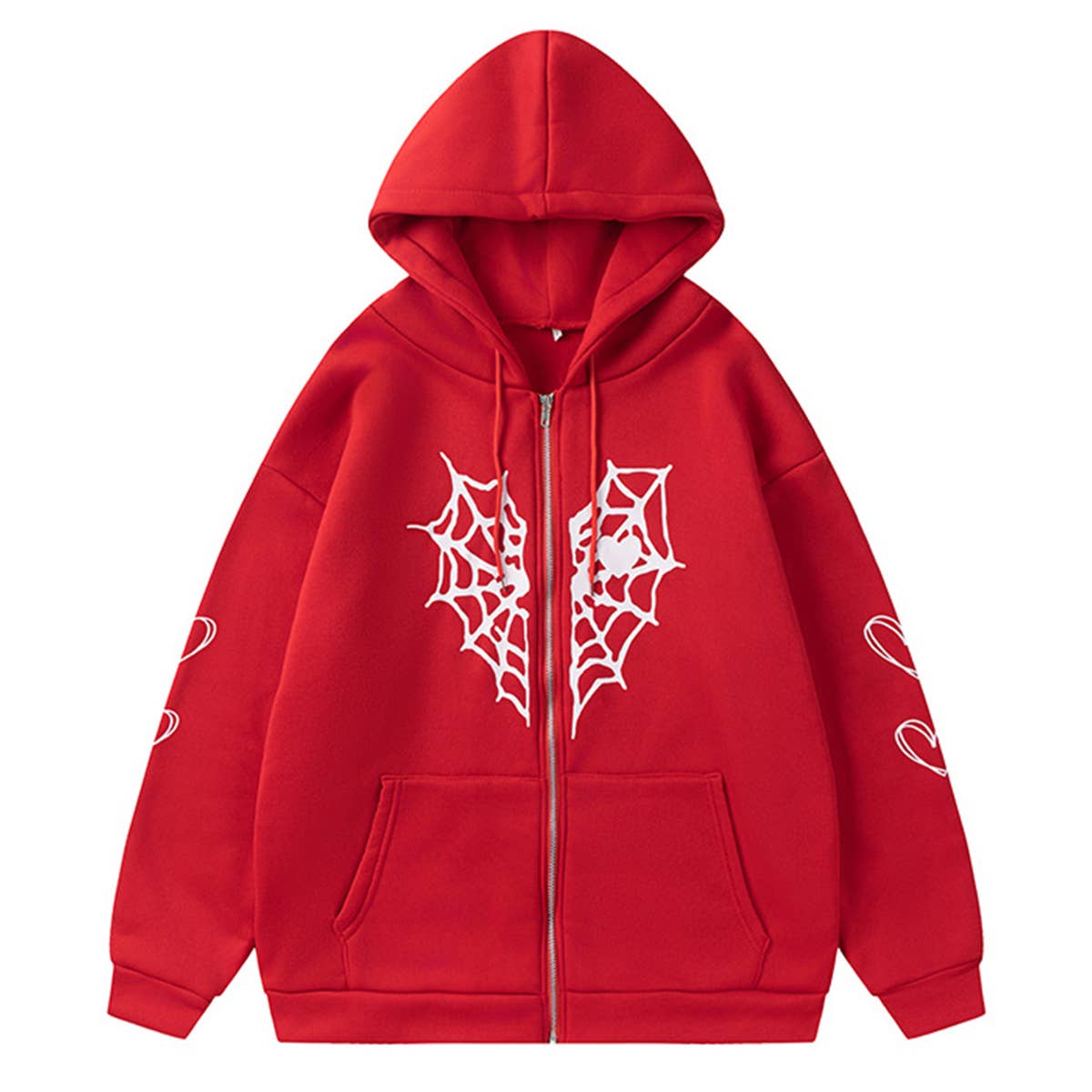 SPIDER WEB HEART ZIPPER FLEECE HOODED CARDIGAN