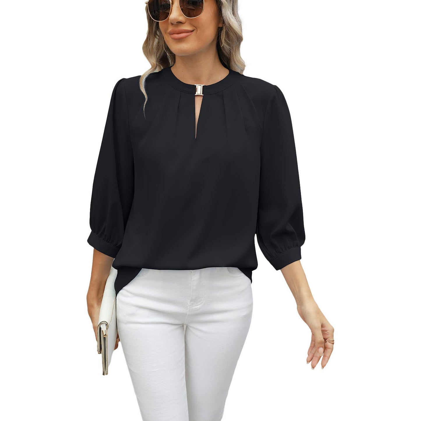 V-neck seven-point sleeve solid color chiffon