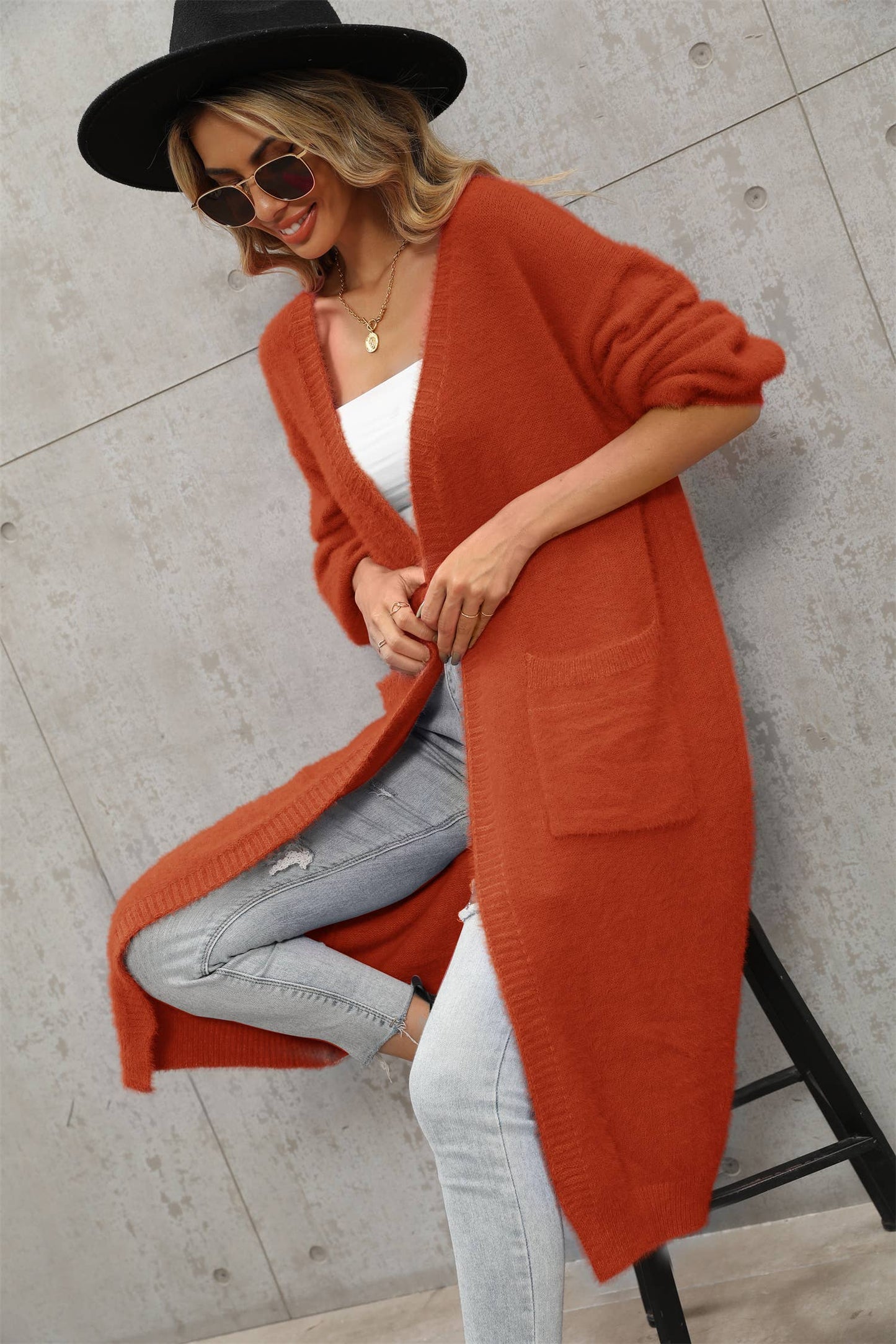 Solid color high-grade unbuttoned long cardigan