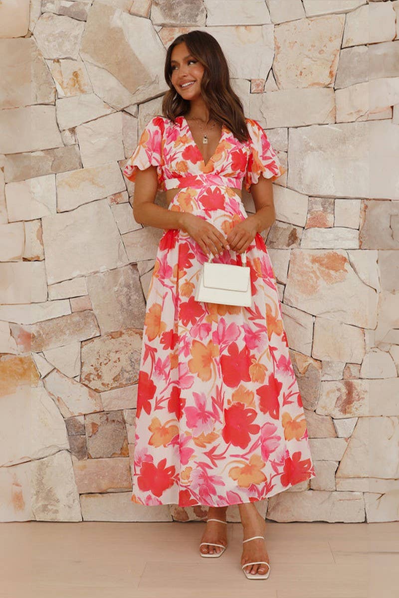 Sexy slim waist hollow V-neck print long swing dress