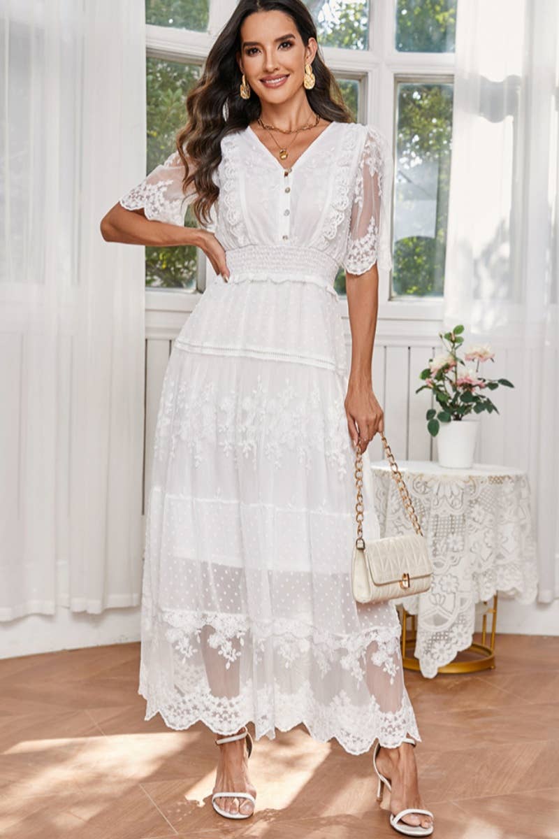 CWDMD3190_LACE SPLICING V-NECK WAIST WAIST DRESS LONG