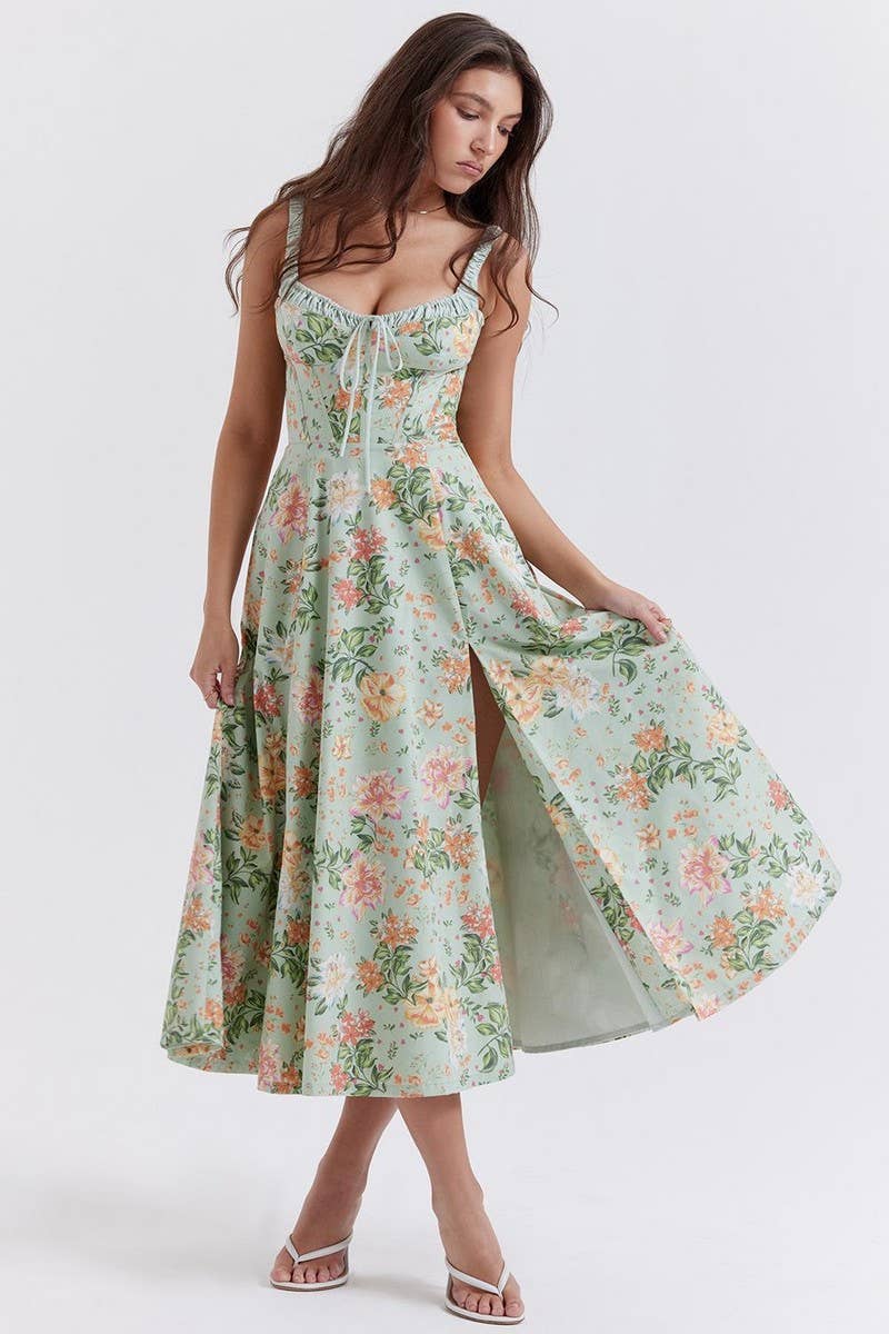 CWDMD5631_RUFFLED FLORAL SLIT SLING MIDI DRESS