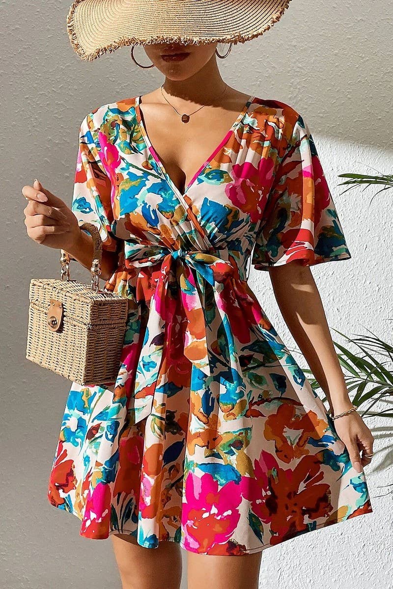 CWDSD6964_FLORAL PRINT CROSSOVER NECK BELTED DRESS