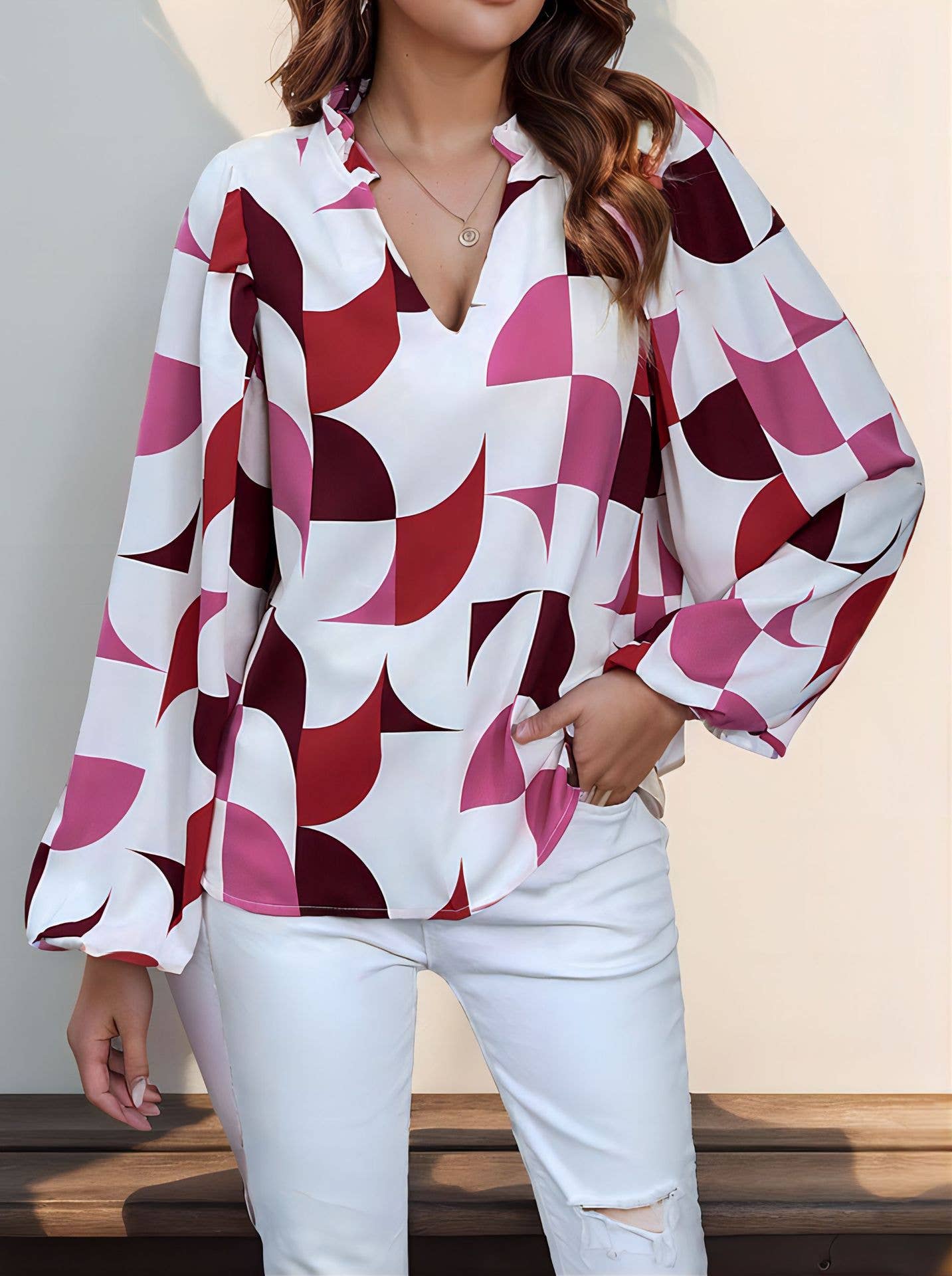 FASHION V-NECK PRINT PULLOVER KNITWEAR LADY