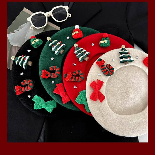 CWAH04565_GIRLS CHRISTMAS RED BERET WINTER PARENT HAT