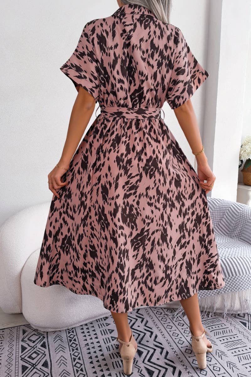 CWDMD2628_CASUAL LOOSE LEOPARD PRINT LACE-UP SHIRT DRESS