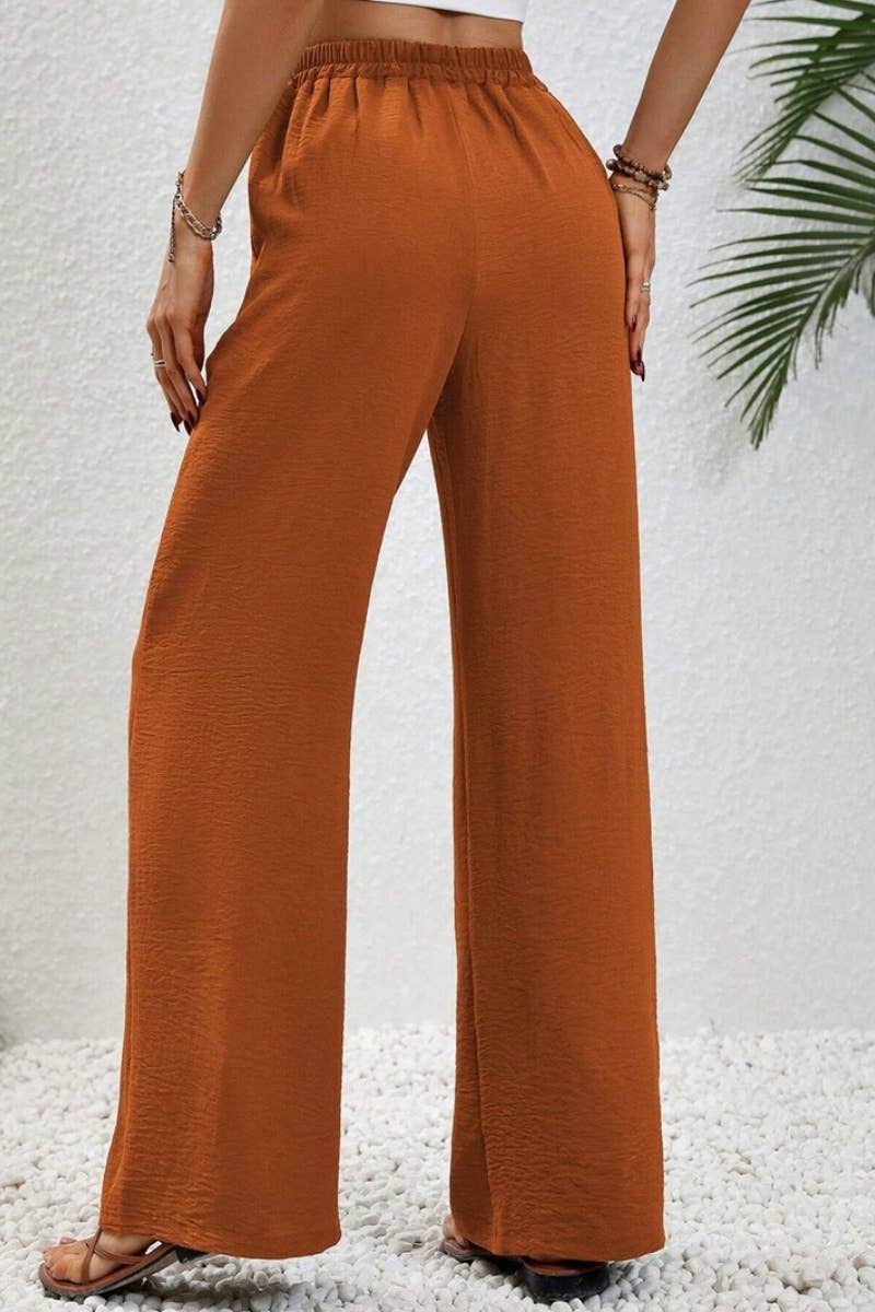 CWBMP0139_SUMMER CASUAL SOLID COLOR LACE-UP WIDE-LEG PANTS