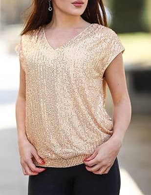 Women¡¯s sequin V-neck fitted raglan sleeve top