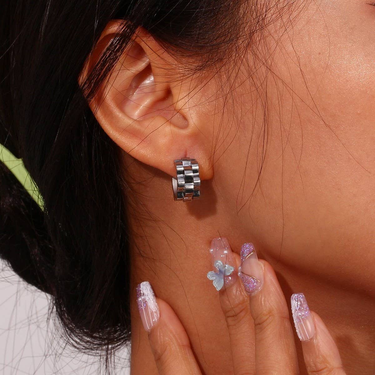 Stainless steel hip-hop track stitching earrings_CWMM5731