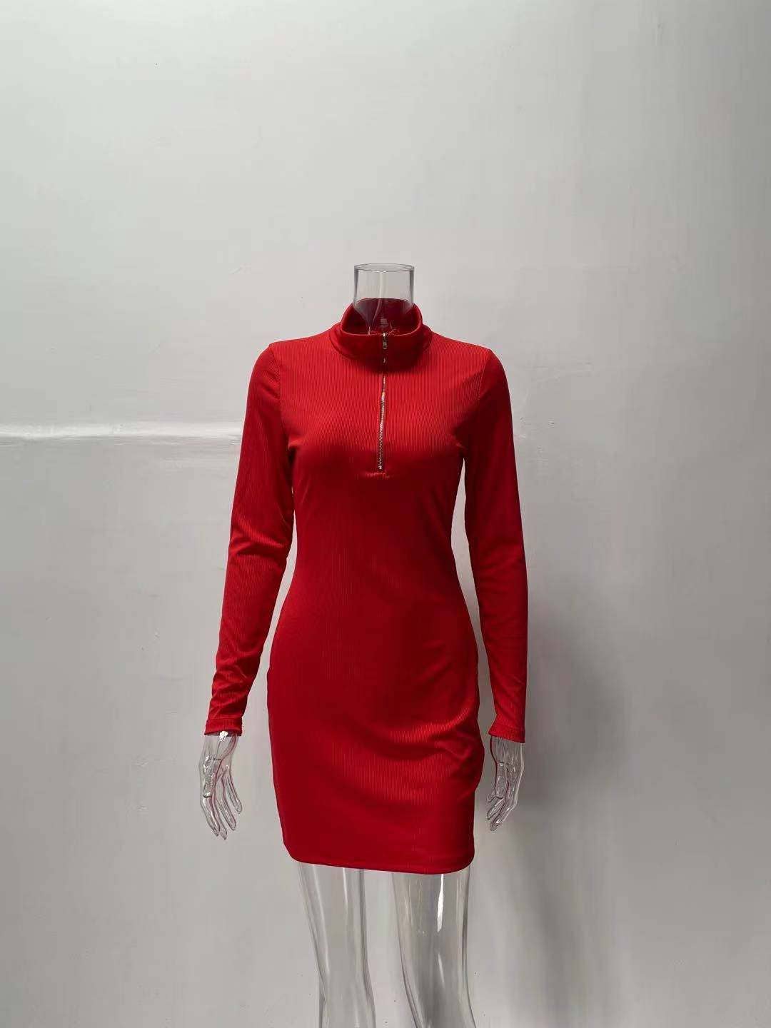 LAPEL ZIP-UP HIGH-WAISTED LONG-SLEEVED BASE DRESS