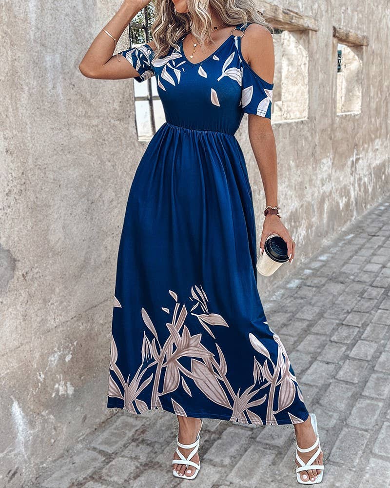 Stylish off-the-shoulder print waist long dress