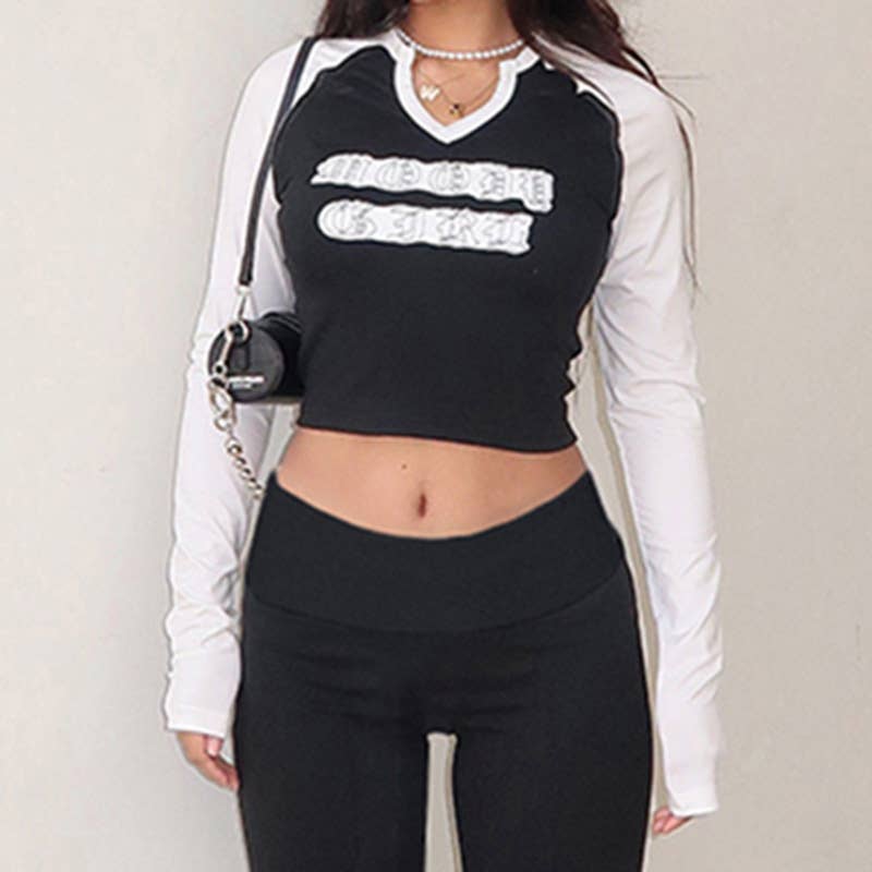 LETTER PRINT V-NECK KNITTED LONG SLEEVE T-SHIRT