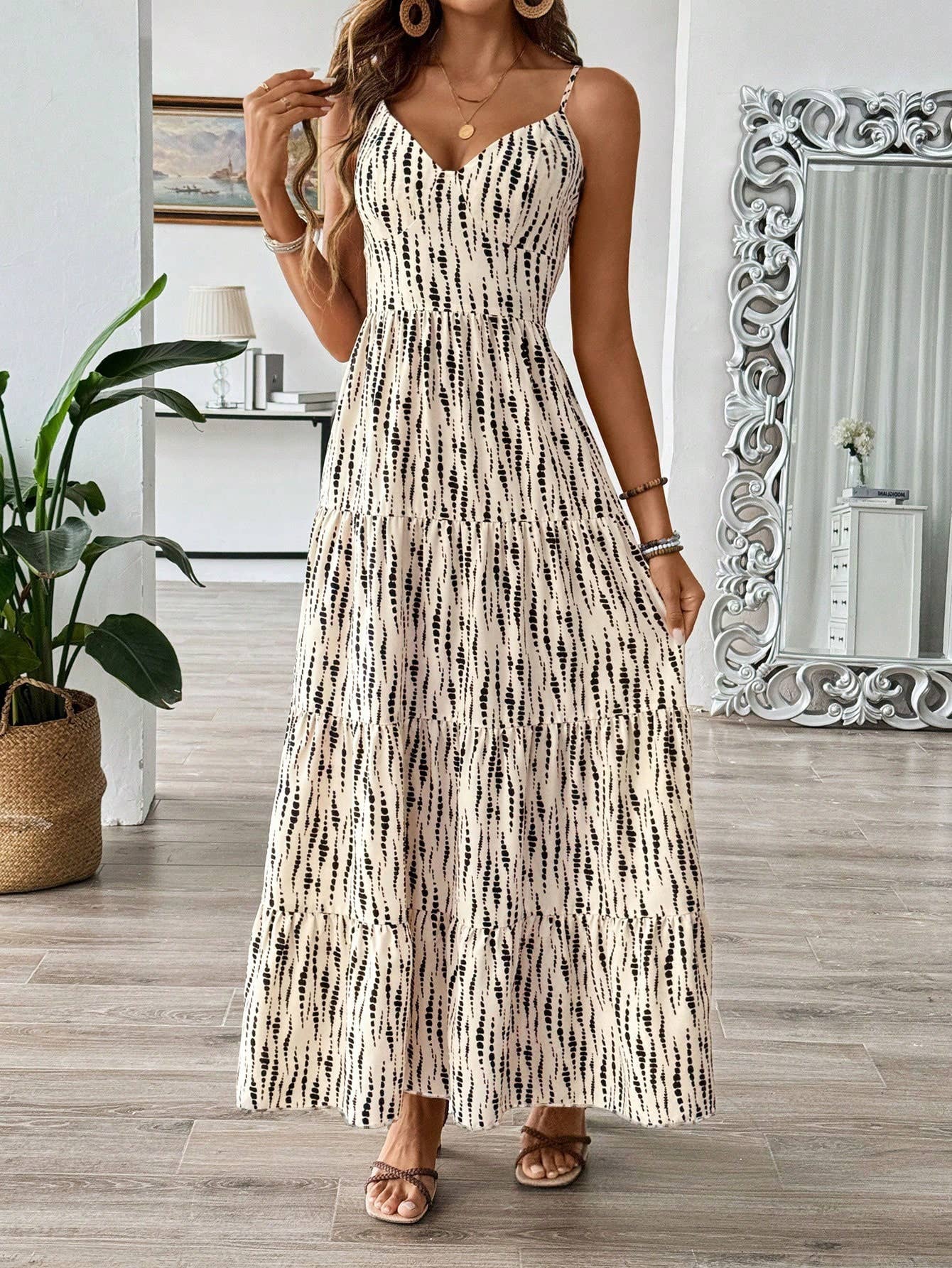 Irregular stripes hollowed-out back long dress