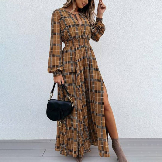 PLAID PRINT LONG-SLEEVED WAIST SLIT DRESS