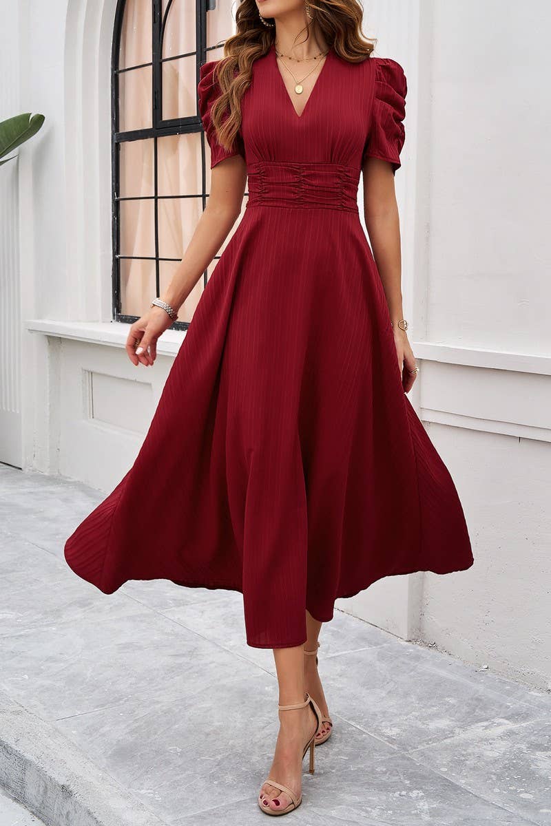 CWDMD5340_V-NECK ELEGANT SOLID COLOR HIGH WAIST DRESS