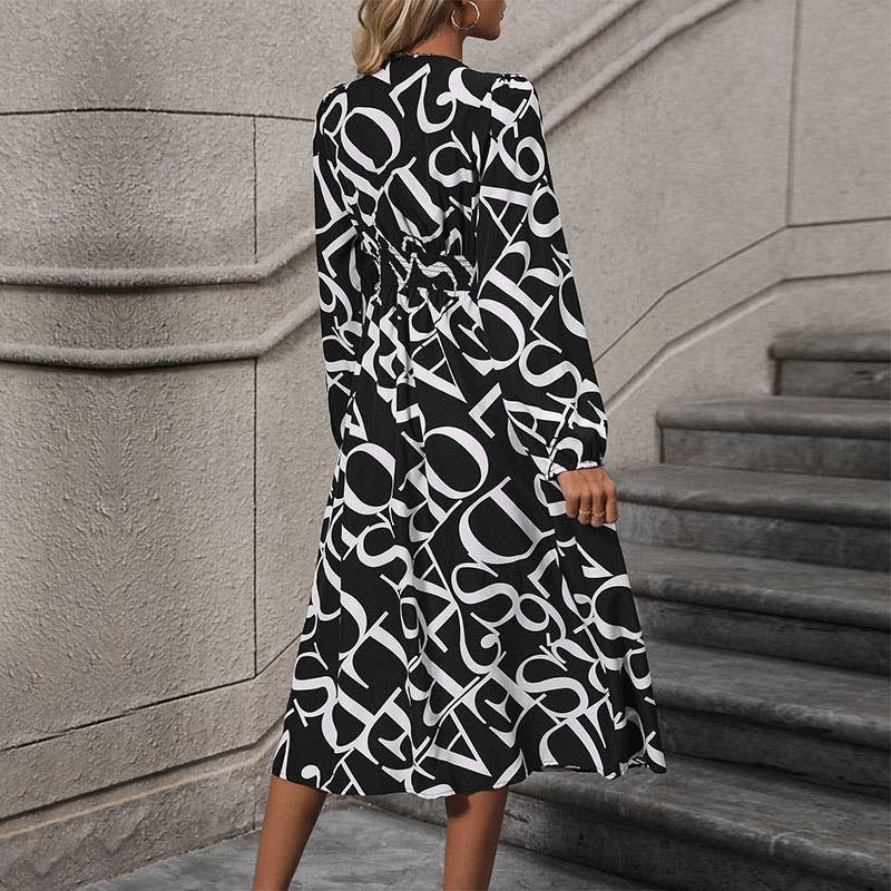LONG SLEEVE GEOMETRIC PRINT SINGLE-BREASTED DRESS